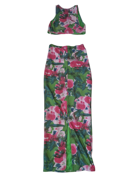 Ensemble 2 pièces fleuri – Top & Jupe longue fendue